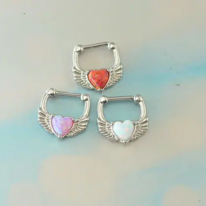 heart nose piercing, opal septum clicker, opal nose ring