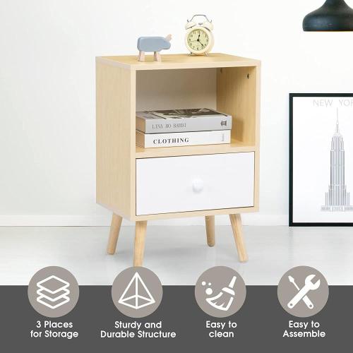 Set of 2 Modern Wood Nightstands with Drawer, Open Shelf and Solid Wood Legs, End Table for Living Room Bedroom Home Furniture