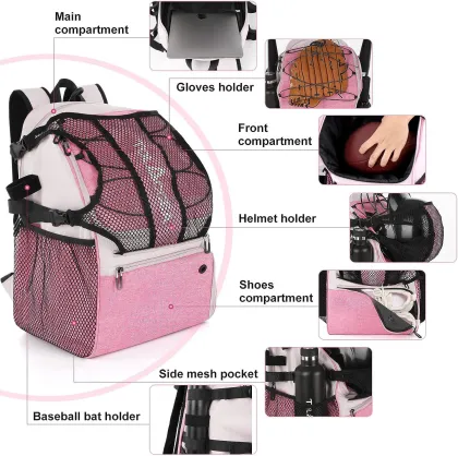 Sports Backpack for Girls and Women: Youth Baseball, T-Ball, and Softball Equipment Bag