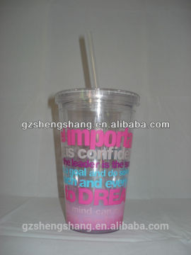 Double wall plactis cup with straw, PS cup(bpa free,pass SGS)