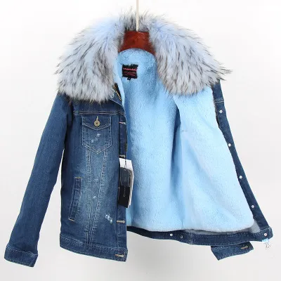 OEM ODM Women Denim coat Faux fur thick lining coat raccoon fur Big collar bomber jacket