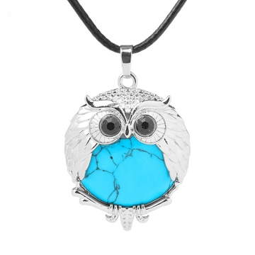 Blue Turquoise 24mm Beads Silver Owl Pendant Necklace 45cm Black Cord