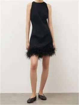 100% Viscose Solid Sleeveless Tassel Feather Short Skirt