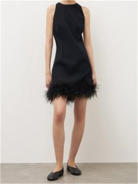 100% Viscose Solid Sleeveless Tassel Feather Short Skirt
