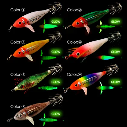 LETOYO 5.5g/75mm Floating Sutte Luminous Squid Jig with Double Umbrella Hook - 7 Colors Mini Squid Jig