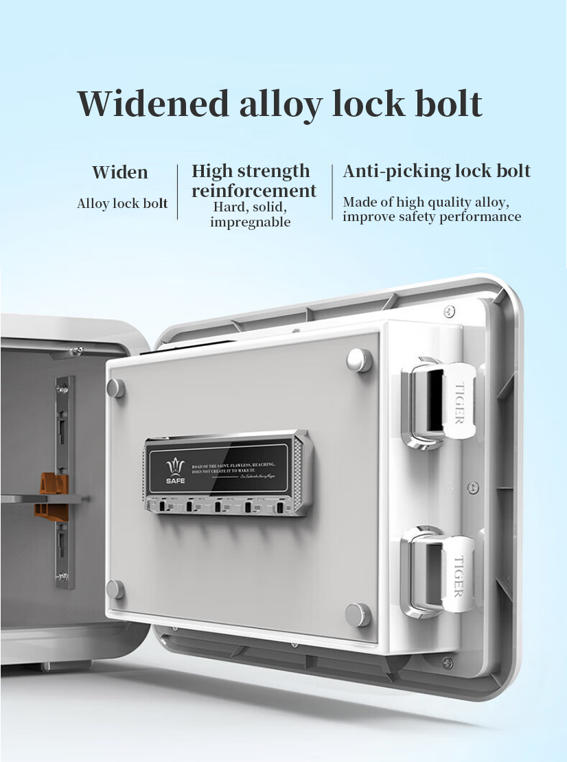 Compared to traditional locks, the widened alloy locks have a larger cross-sectional area, making them more robust and durable. The widened design can increase the anti-prying force and anti-prying ability of the lock bolt, and improve the safety performance of the fingerprint safe. The alloy material has excellent strength and hardness, and can effectively resist the impact and damage of external forces. The widened alloy lock bolt is made of high-strength alloy material to provide increased protection and effectively prevent picking and vandalism. The widened alloy lock bolt has a special anti-skid design, making it more difficult to pry or break. The shape and structure of the lock bolt are carefully designed to increase the difficulty of prying and improve the anti-prying ability of the fingerprint safe.