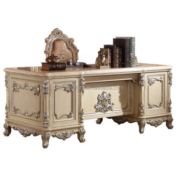 European Style Solid Wood Antique Hand Carved Marble Study Table