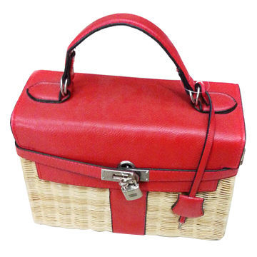 Fashionable Red Rectangular Handbags with Lock Decoration, Splicing with PU and Straw