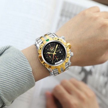 Temeite Men's Simple Hot Sale Gold Black Three Eyes Sports Steel Band Waterproof Quartz Watch