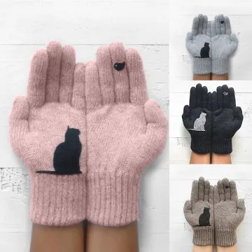 Ladies Woolen Gloves Autumn And Winter Outdoor Warm Cat Printing Gloves перчатки зимние женские перчатки женские#T2