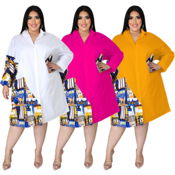 Plus Size Women's Yellow Lined Flip Collar Long Sleeved Dress