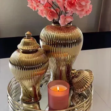 Wholesale Custom Gold Striped Large Floor Ceramic Ginger Jar Vase with Lid for Home Decoration