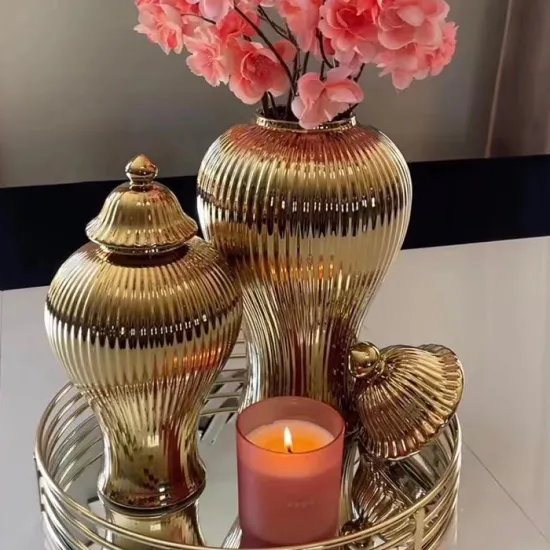 Wholesale Custom Gold Striped Large Floor Ceramic Ginger Jar Vase with Lid for Home Decoration