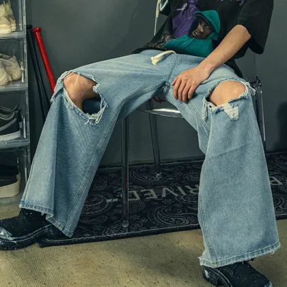 Washed Ripped Jeans Tie Loose Wide Leg Pants
