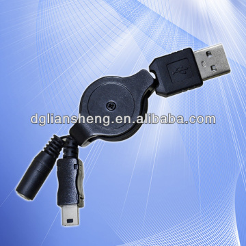 Retractable USB Charging Cable to 3.5mm DC Female Jack &Mini 5PIN