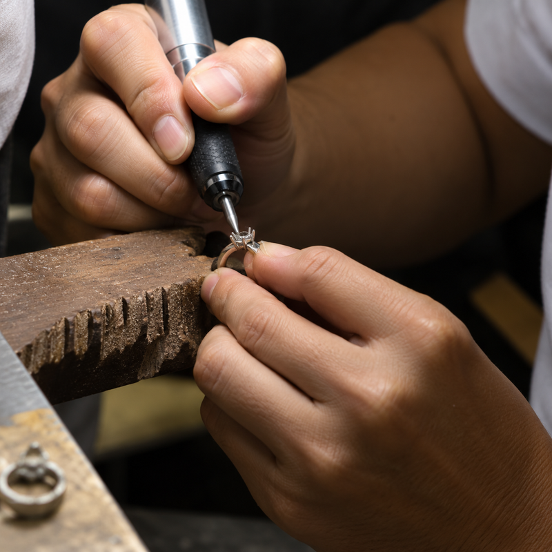 Manos trabajando en una pequeña pieza de joyería con una herramienta