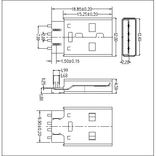 UAMM02 2 USB A Type Plug SMT Sink With Fork 