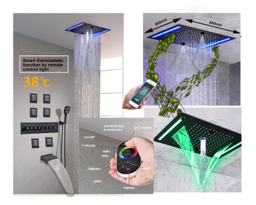 600x600mm 304 Stainless Steel Black Spa Body Jet Ceiling Mounted LED Bluetooth Thermostatic Rain Shower