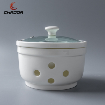 CHAODA Chinese Porcelain Stew Bowls with Glass Lids - 6.5"/8.5" White Ceramic Bowls for Restaurants