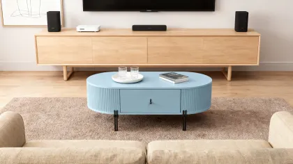 Stylish Blue Oval Coffee Table with Smart Storage