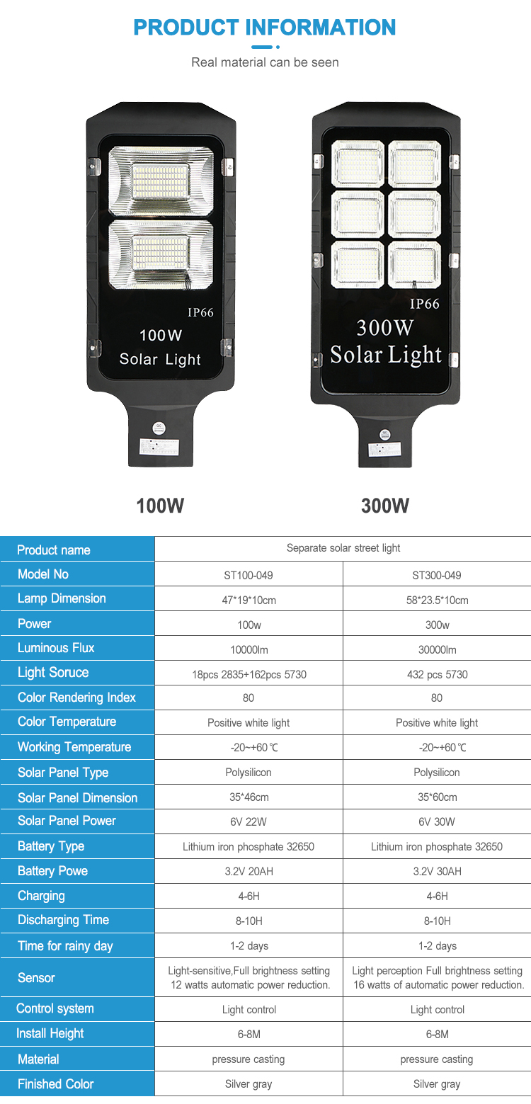 Сад водонепроницаемый ip66 открытый алюминиевый smd 100w 300w отдельный солнечный уличный фонарь