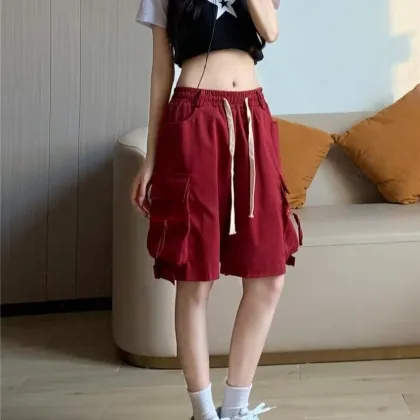 Summer American Fashion Brand: High Waist Polyester Shorts with Large Pockets