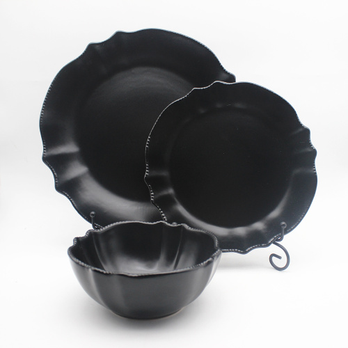 Juego de vajillas de tazón negro de cerámica y platos nórdicos