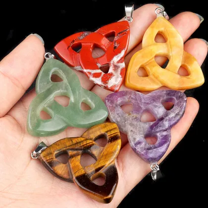 38MM Natural Crystal Irish Celtic Knot Stone Pendant Gemstone Hollow Irish Celtic Knot Charm Pendant Silver Findings