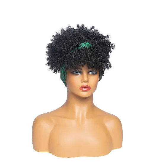 Hot Selling Short Curly Headband Wigs for Black Women Natural Black Curly Hair Wig with Bangs