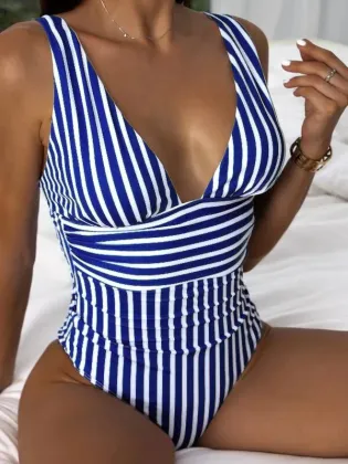 2024 Striped One Piece Swimsuit: Vintage Swimwear for Beach and Bathing
