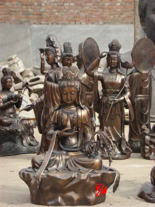 bronze kwan yin statue with vase and wicker