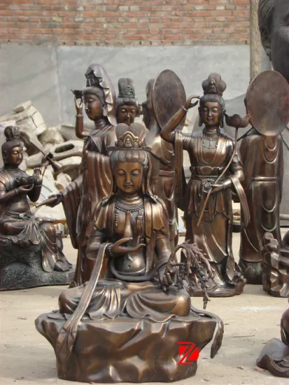 bronze kwan yin statue with vase and wicker