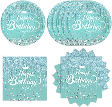 Teal and Silver Birthday Party Supplies: 20 Paper Plates and Napkins for a Blue Theme Celebration