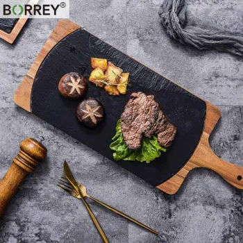 BORREY Slate Stone Tray Wooden Board Tray Plate Western Dinner Plate Pizza Steak Plates For Food Sushi Dish Restaurant Tableware