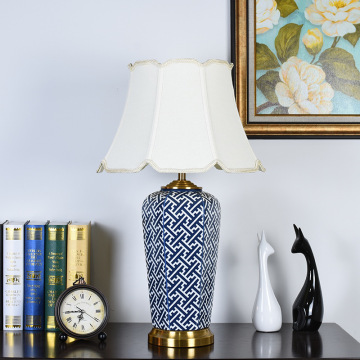 Blue and White Ceramic Bedside Lamp with Cloth Shade for Living Room Décor