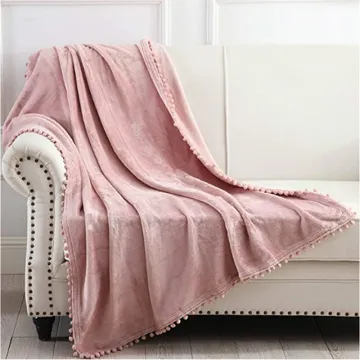Amazon hot sell home Modern simple solid color soft thick flannel pom pom fleece blanket for winter
