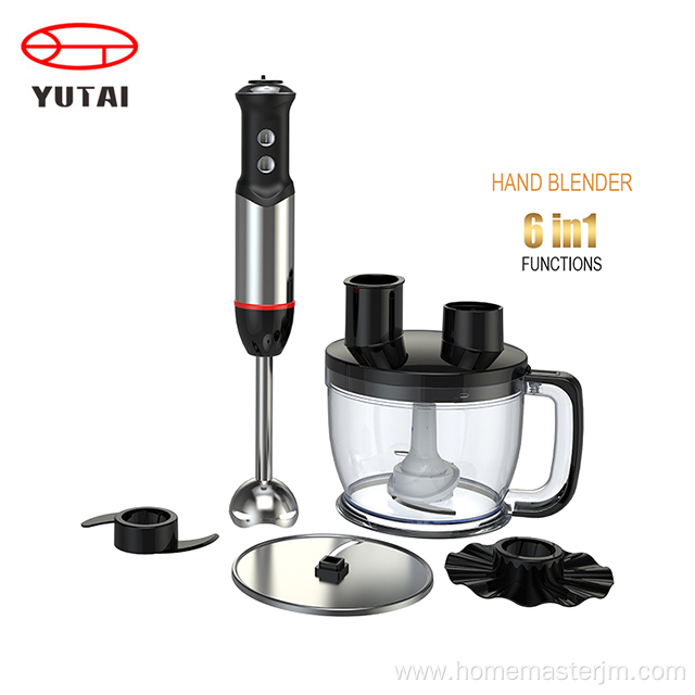 Stainless steel immersion hand blender with chopper.