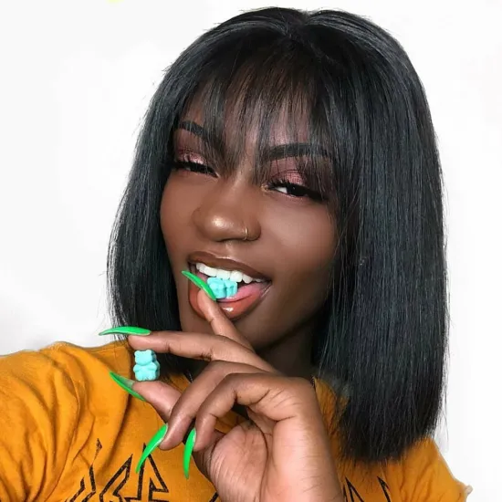 Straight Hair Short Bob Wig with Bangs Straight Hair Brazilian Remi Hair Mechanism Bob Natural Color Black Ladies Wig 8-16inch