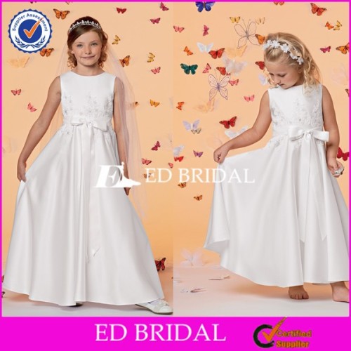 CE413最新のデザインラインの白いリボン7歳のフラワーガールのドレス