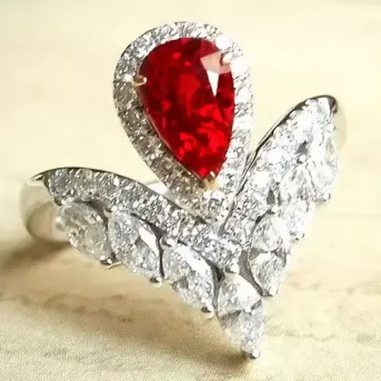 AIGS Certified Pigeon Blood Lab Ruby Gold Ring with Red Coral - Vintage Women's Wedding Engagement Ring