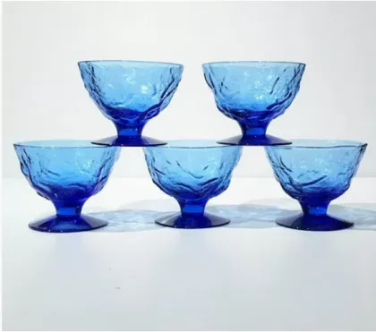 Set of 5 Blue Crinkle Glass Dessert Cups, Morgantown Seneca Driftwood, Footed Dessert Cups
