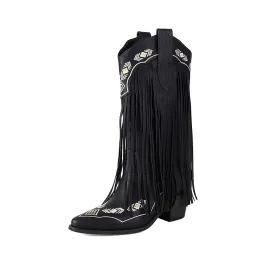 Pull On Mid Calf Chunky Block Heel Pointed Toe Western Cowgirl Boots Riding Country Boot Retro Boots