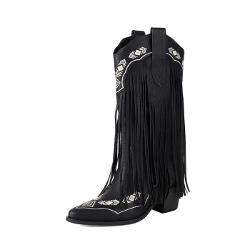 Pull On Mid Calf Chunky Block Heel Pointed Toe Western Cowgirl Boots Riding Country Boot Retro Boots