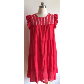 Viscose Ruffle Sleeve Embroidery Dress for Ladies