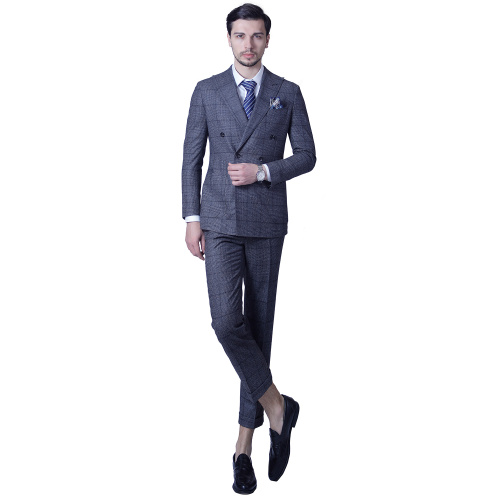 100% Wool Plaid Dark Grey Business Slim Suits