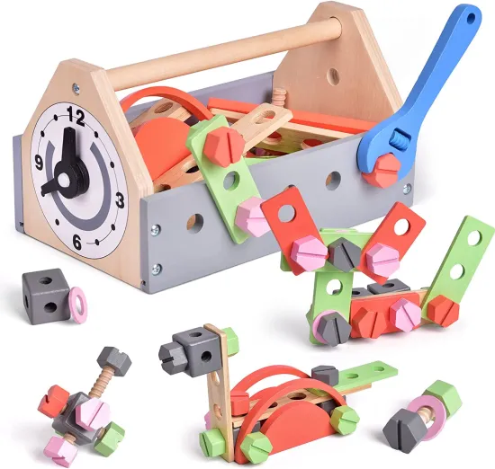 45-Piece Wooden Toy Construction Set for Toddlers: A Comprehensive Pretend Play Experience with a Portable Tool Box