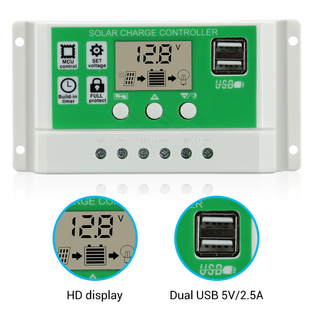 PWM Solar Charge and Discharge Controller 10A 20A 30A 24V 12V Auto LCD Dual USB Lithium Solar Collector Regulator Wholesale