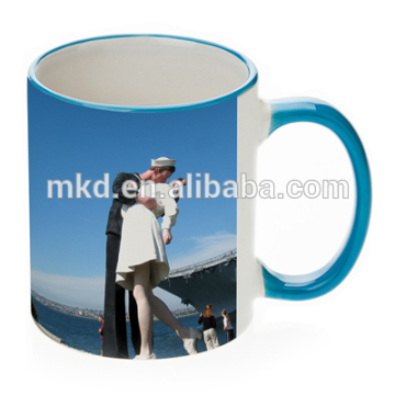 MEIKEDA 11oz coffee coated mug with blue Rim&Handle For Heat Transfer printing