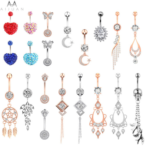 Navel Piercing Women Heart Drop Dangle Moon Star Belly Button Rings 316L Surgical Stainless Steel CZ Crystal Zircon Body Jewelry