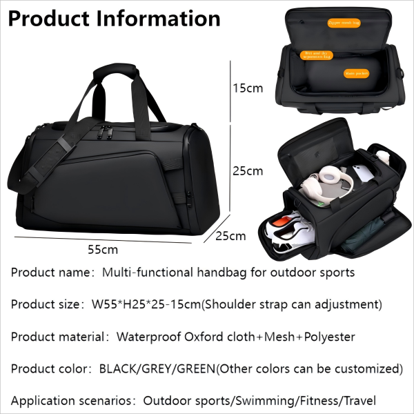 Waterproof dry-wet separation fitness handbag